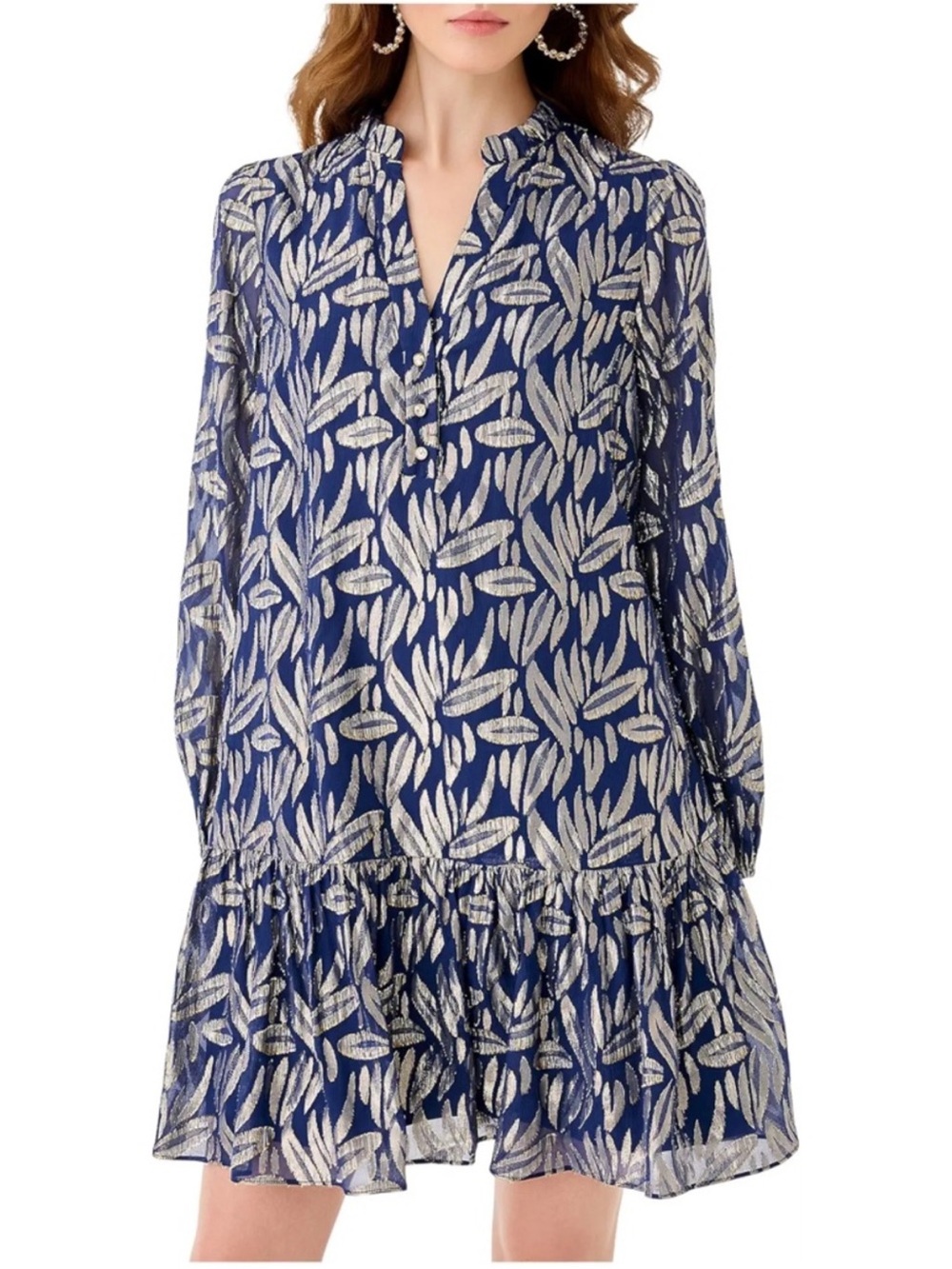 New Lilly Pulitzer Evaline Silk Long Sleeve Dress Women Size 2 Gold Navy Blue